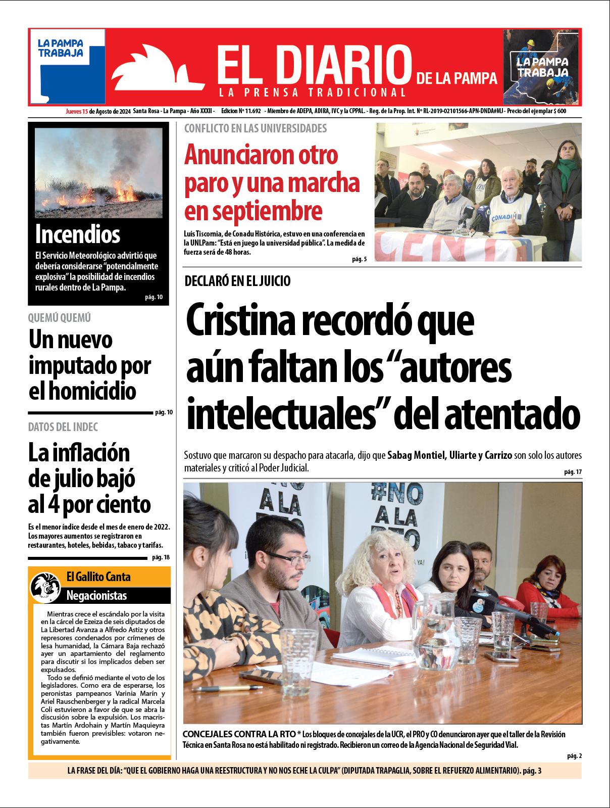 Tapa de El Diario en papel  jueves 15 de agosto de 2024